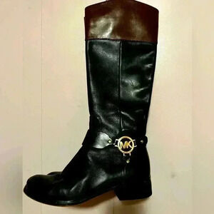 MICHAEL KORS FULTON HARNESS BLACK MOCHA LEATHER RIDING BOOTS WOMENS SIZE 8